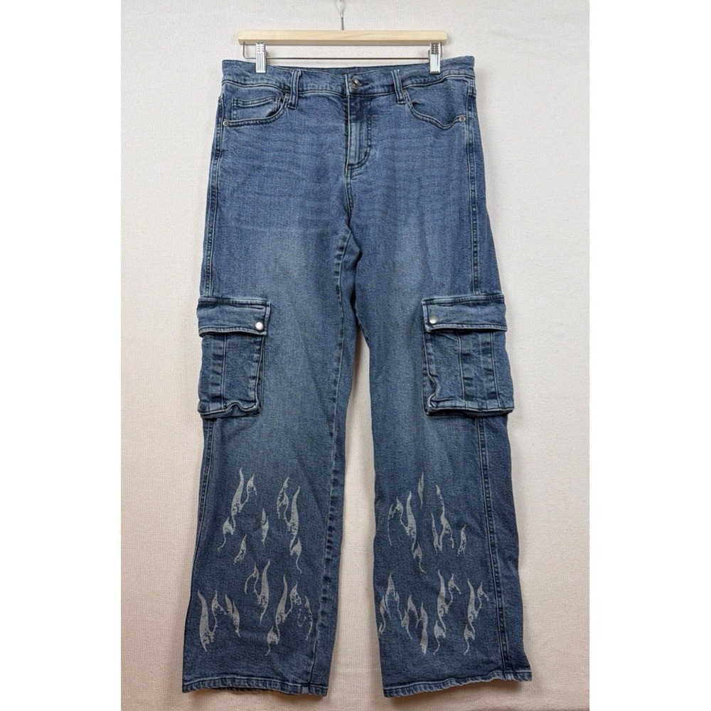 Hot Topic Mens Y2K Flame Cargo Straight Leg Jeans 32X32 Streetwear Skate Grunge